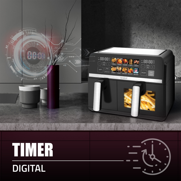 Friteuza cu aer cald Samus AF9DUO-S2600DW, 2600 W, 9 litri, Doua cosuri cu interior antiaderent: 3.5 litri si 5.5 litri cu fereastra, Afisaj electronic color, Touch Control, Timer, 10 programe [11]