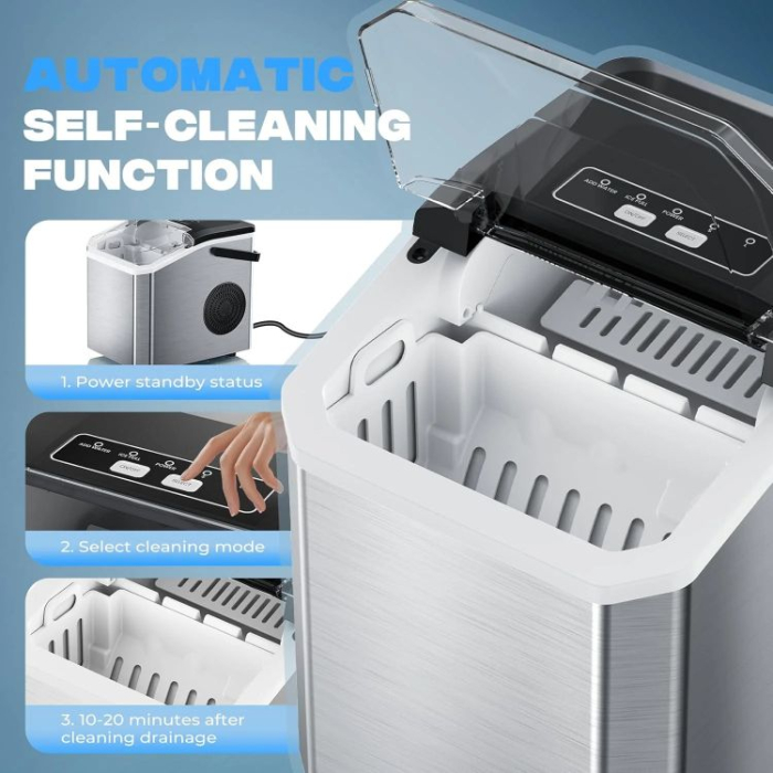 Masina de gheata HOFFMANS HM-9813, 120 W, Rezervor de apa 1.3 l, 12kg/24h,  Creaaza cuburi intre 6 - 12 minute, Marimi variabile ale cuburilor de gheata, Auto-curatare, Argintiu [8]