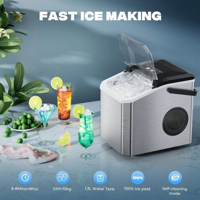 Masina de gheata HOFFMANS HM-9813, 120 W, Rezervor de apa 1.3 l, 12kg/24h,  Creaaza cuburi intre 6 - 12 minute, Marimi variabile ale cuburilor de gheata, Auto-curatare, Argintiu [2]