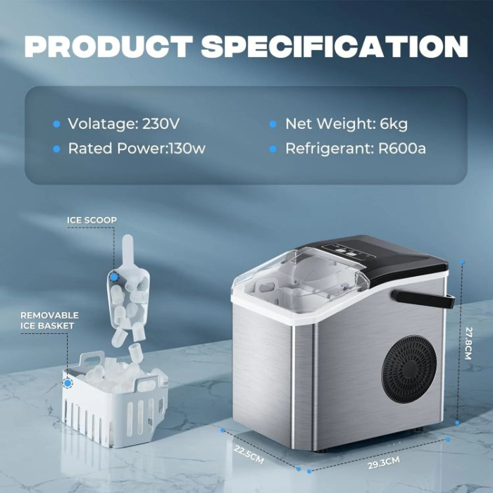 Masina de gheata HOFFMANS HM-9813, 120 W, Rezervor de apa 1.3 l, 12kg/24h,  Creaaza cuburi intre 6 - 12 minute, Marimi variabile ale cuburilor de gheata, Auto-curatare, Argintiu [4]