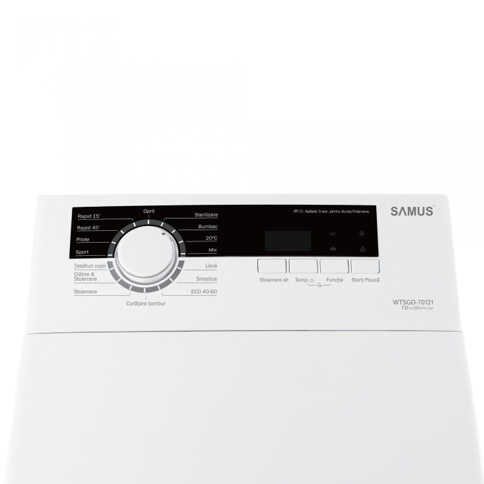 Masina de spalat rufe cu incarcare verticala Samus WTSGD-70123, 7 kg, 15 programe, 15 programe, 1200 rotatii, Clasa energetica C, Programe speciale Sterilizare, Mix, Blocare acces copii, Alb [2]