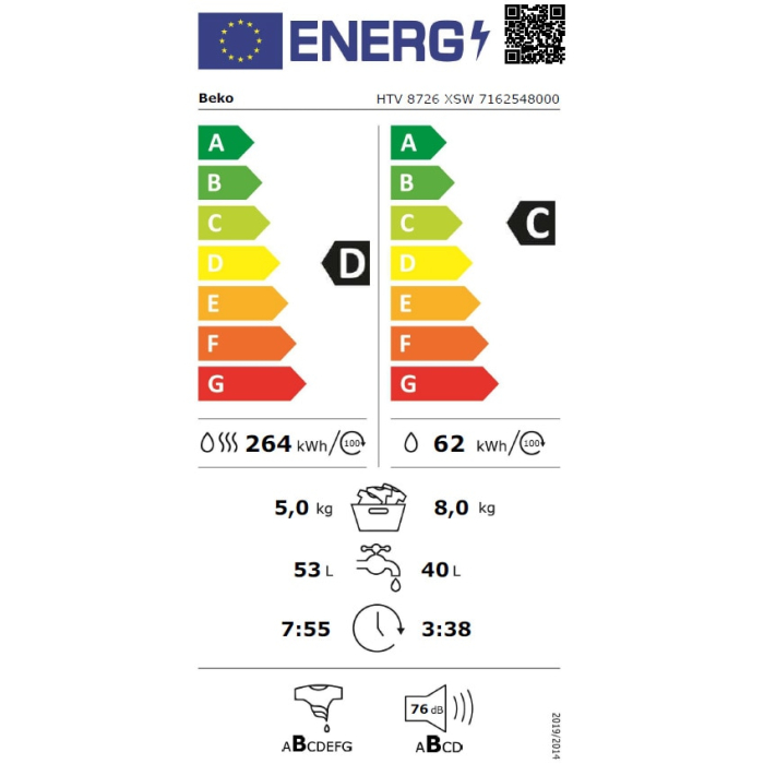 Masina de spalat rufe cu uscator Beko HTV8726XSW, Spalare 8 kg, Uscare 5 kg, 1200 RPM, SteamCure, HomeWhiz prin Bluetooth, ProSmart Inverter Motor, AddXtra, Alb [5]