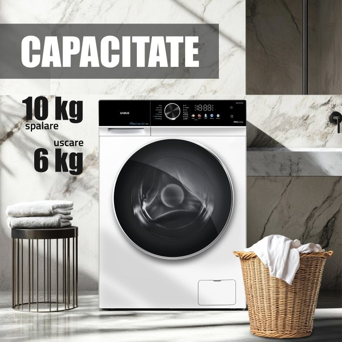 Masina de spalat rufe cu uscator Samus WSDD10612IDM, spalare 10 kg, uscare 6 kg, 1200 rpm, clasa A, 62.8 cm, motor inverter, reglare nivel uscare, incarcare cu rufe in timpul spalarii, Alb [6]