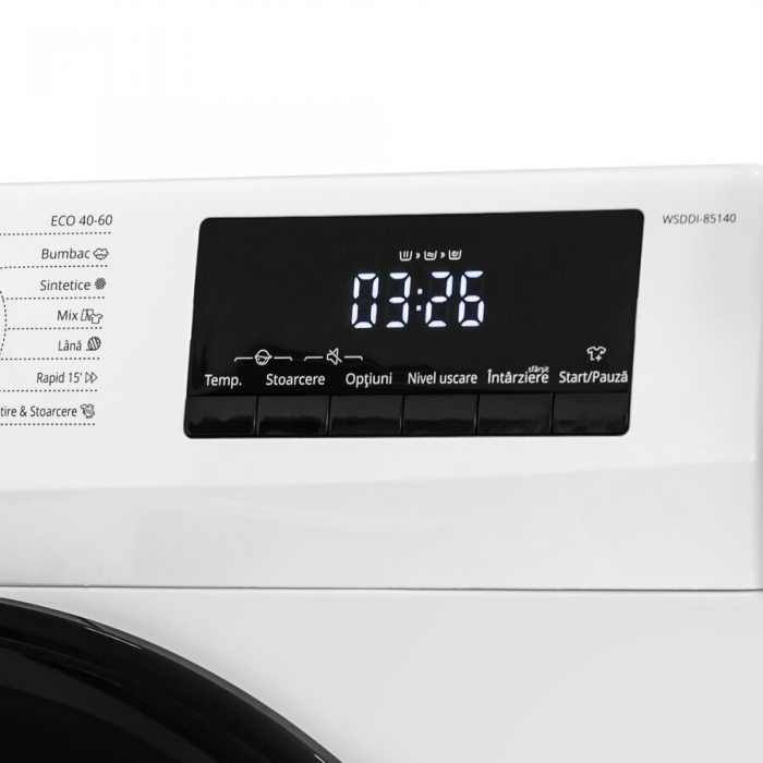 Masina de spalat rufe cu uscator Samus WSDDI-85140, spalare 8 kg, uscare 5 kg, 1400 rpm, clasa D, latime 59.5 cm, motor inverter, afisaj LCD, incarcare cu rufe in timpul spalarii, Alb [2]