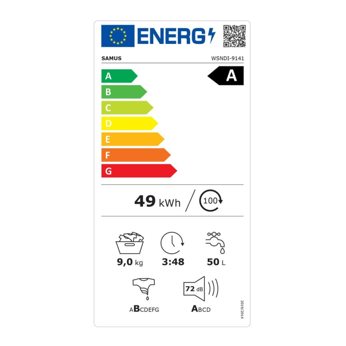 Masina de spalat rufe frontala Samus WSNDI-9141, 9 kg, 1400 rpm, clasa A, adancime 50 cm, motor inverter, functie Abur, program tesaturi XXL, control antispuma, pornire intarziata, Alb [2]