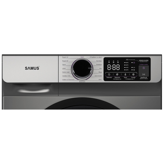 Masina de spalat rufe frontala, Samus WSNDI-9142DS, 9 kg, 1400 rpm, clasa A, adancime 49.5 cm, motor inverter, auto-echilibrare tambur, spalare cu aburi, tesaturi XXL, curatare tambur, Gri [3]