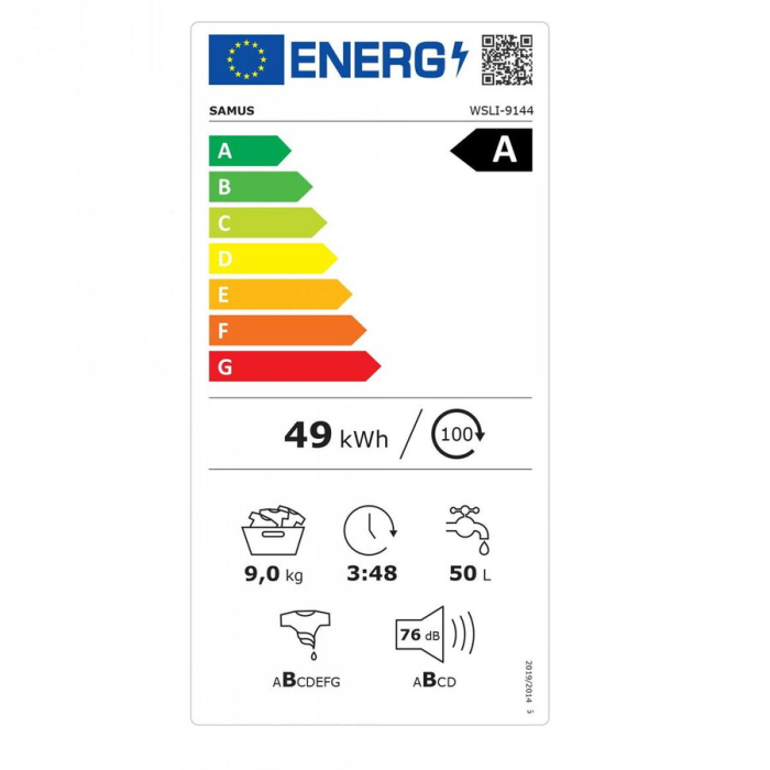 Masina de spalat rufe frontala slim Samus WSLI-9144, 9 kg, 1400 rpm, clasa A, adancime 49.5 cm, motor inverter, termostat reglabil, auto-echilibrare tambur, curatare tambur, pornire intarziata, Alb [4]