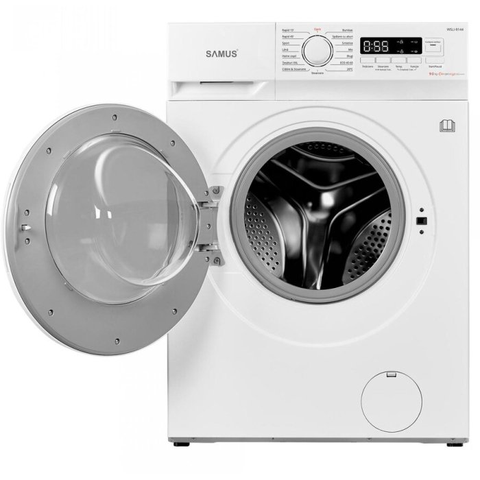 Masina de spalat rufe frontala slim Samus WSLI-9144, 9 kg, 1400 rpm, clasa A, adancime 49.5 cm, motor inverter, termostat reglabil, auto-echilibrare tambur, curatare tambur, pornire intarziata, Alb [2]