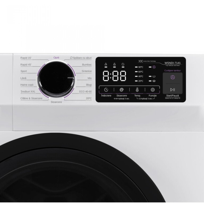 Masina de spalat rufe frontala slim Samus WSNDI-7141, 7 kg, 1400 rpm, clasa A, adancime 48 cm, motor inverter, functie Abur, program tesaturi XXL, control antispuma, pornire intarziata, Alb [4]