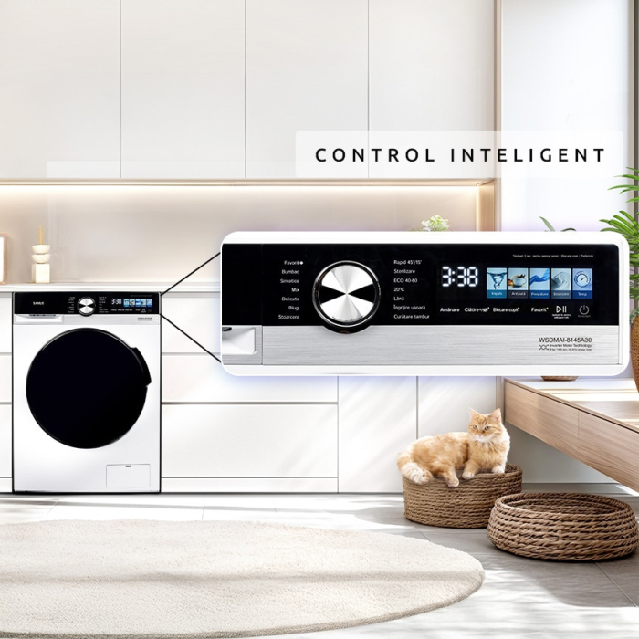 Masina de spalat rufe Samus WSDMAI-8145A30, 8 kg, 14 programe, Motor Inverter, Display LED color, Programator electronic, Clasa energetica A(-30%), Antipata, Extra-clatire, Extra-putere, Alb [3]