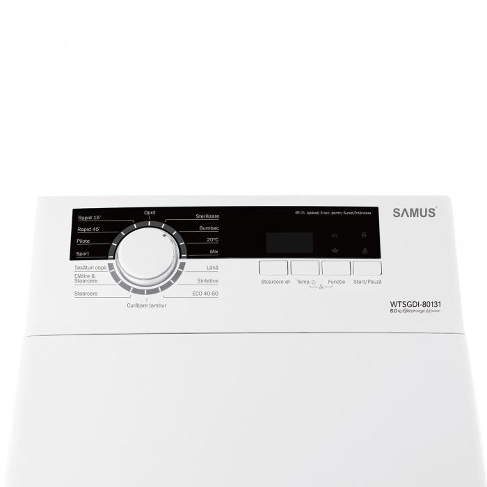 Masina de spalat rufe verticala Samus WTSGDI-80133, 8 kg, 1300 rpm, Motor Inverter, 15 Programe, Clasa energetica A, latime 40 cm, Afisaj electronic, Blocare acces copii, Alb [2]