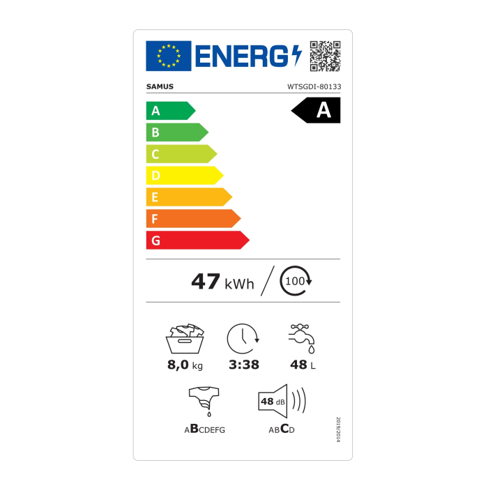 Masina de spalat rufe verticala Samus WTSGDI-80133, 8 kg, 1300 rpm, Motor Inverter, 15 Programe, Clasa energetica A, latime 40 cm, Afisaj electronic, Blocare acces copii, Alb [3]