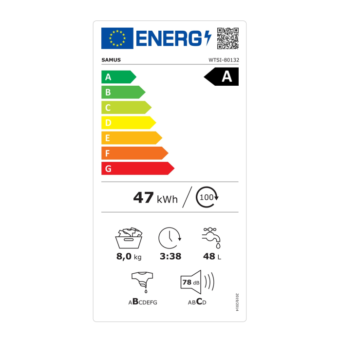 Masina de spalat rufe verticala Samus WTSI-80132, 8 kg, 1300 rpm, Motor Inverter, 15 programe, latime 40 cm, Programe speciala Hygiene, Blugi, Blocare acces copii, auto-echilibrare tambur, Alba [2]
