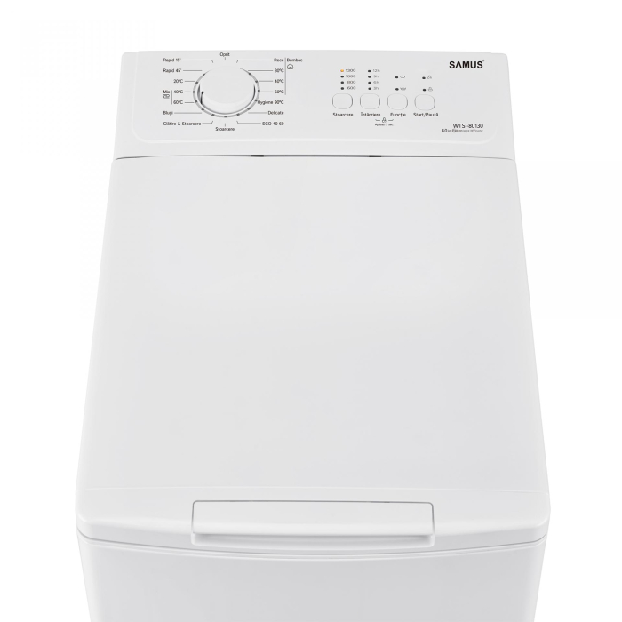 Masina de spalat rufe verticala Samus WTSI-80132, 8 kg, 1300 rpm, Motor Inverter, 15 programe, latime 40 cm, Programe speciala Hygiene, Blugi, Blocare acces copii, auto-echilibrare tambur, Alba [3]