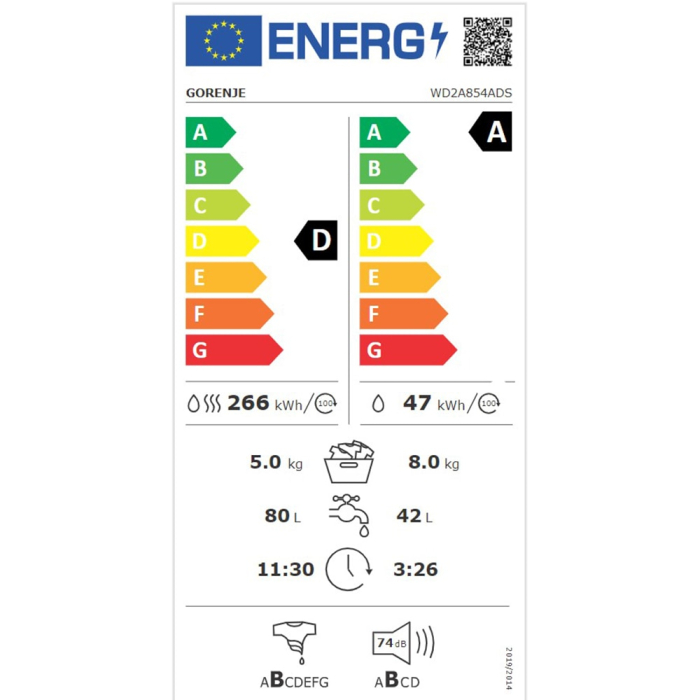 Masina de spalat si uscator Gorenje WD2A854ADS, clasa energetica A+D, 8 kg/5 kg, 1400 rpm, Alb [15]