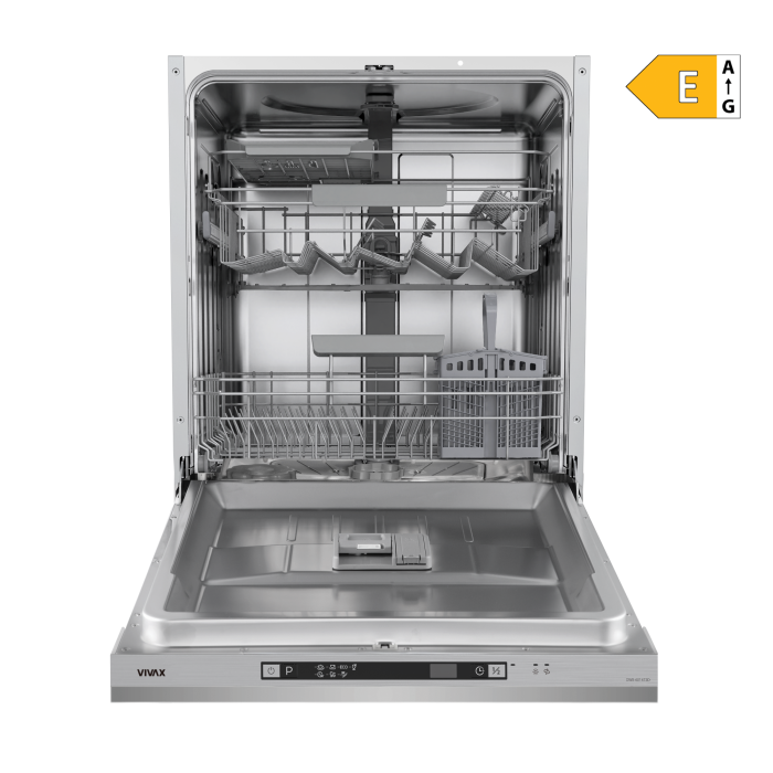 Mașină de spălat vase încorporabilă VIVAX DWB-601472D, 60 cm, 14 seturi, 7 programe, ECO, Rapid, Intensiv, funcție Half Load, pornire întârziată 24h, AquaStop, Clasa E, Coșuri flexibile, Gri [12]