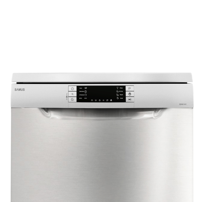 Masina de spalat vase Samus SDX614.8, 14 seturi, Latime 60 cm, 8 programe, Clasa energetica E, Afisaj electronic, Pornire intarziata, Sertar pt tacamuri Inox/Argintiu [2]
