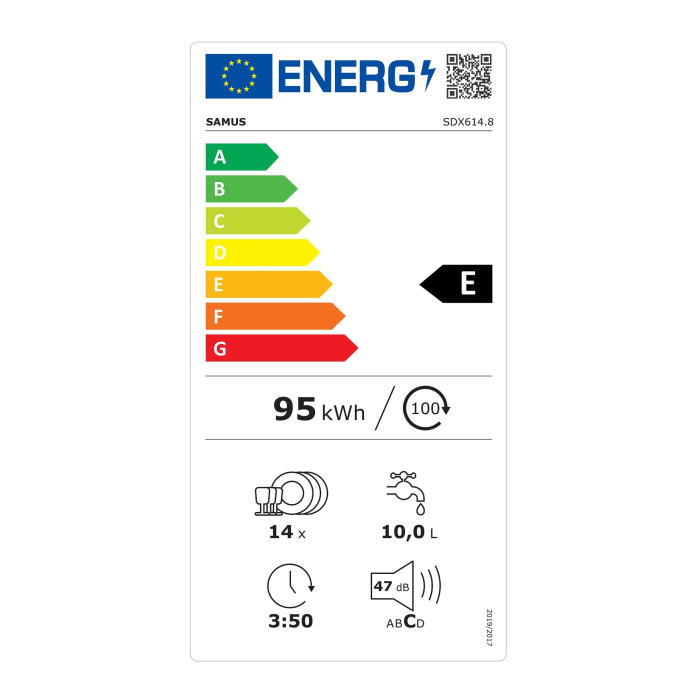 Masina de spalat vase Samus SDX614.8, 14 seturi, Latime 60 cm, 8 programe, Clasa energetica E, Afisaj electronic, Pornire intarziata, Sertar pt tacamuri Inox/Argintiu [8]