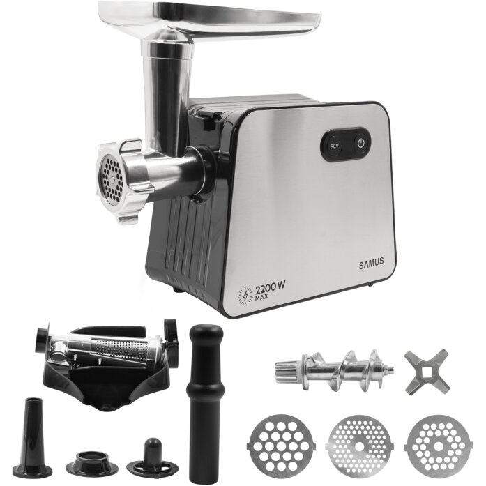 Masina de tocat carne, electrica, Samus SMT-2200X, 1 viteza, functie Reverse, 1.8 kg/min, 2200 W, argintiu + negru, accesoriu suc rosii, accesoriu carnati [5]