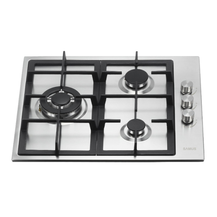 Plita pe gaz incorporabila Samus PSG-63SX1, 3 arzatoare, arzator Wok, putere 6.2 kW, aprindere electrica, dispozitiv siguranta arzatoare, gratar fonta, argintiu [2]