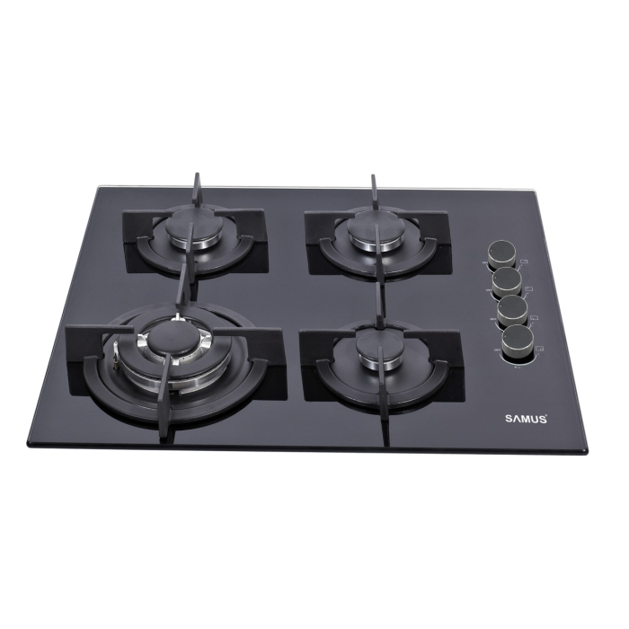 Plita pe gaz incorporabila Samus PSG-64SG6, 4 arzatoare, putere 8 kW, aprindere electrica, dispozitiv siguranta arzatoare, suport din sticla, gratar font, negru [2]