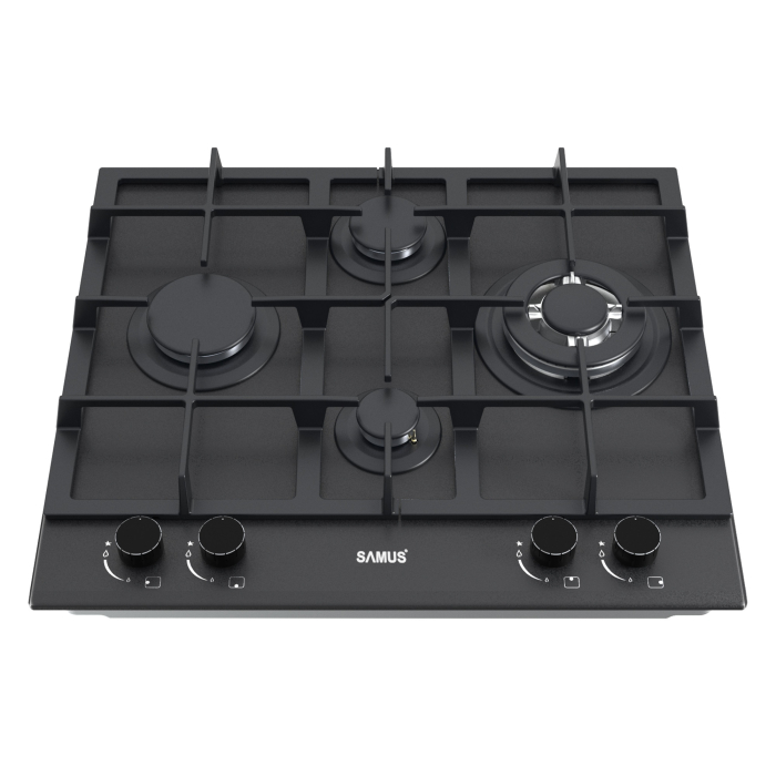 Plita pe gaz incorporabila Samus PSG-64SMGN2, 4 arzatoare, arzator Wok, putere 8.6 kW, aprindere electrica, dispozitiv siguranta arzatoare, latime 58 cm, gratar fonta, sticla cu acoperire Nano, negru [2]