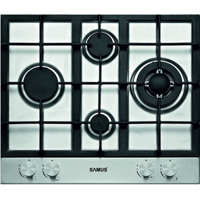 Plita pe gaz incorporabila Samus PSG-64SX6, 4 arzatoare, arzator Wok, putere 8.6 kW, aprindere electrica, dispozitiv siguranta arzatoare, suport inox, argintiu [2]