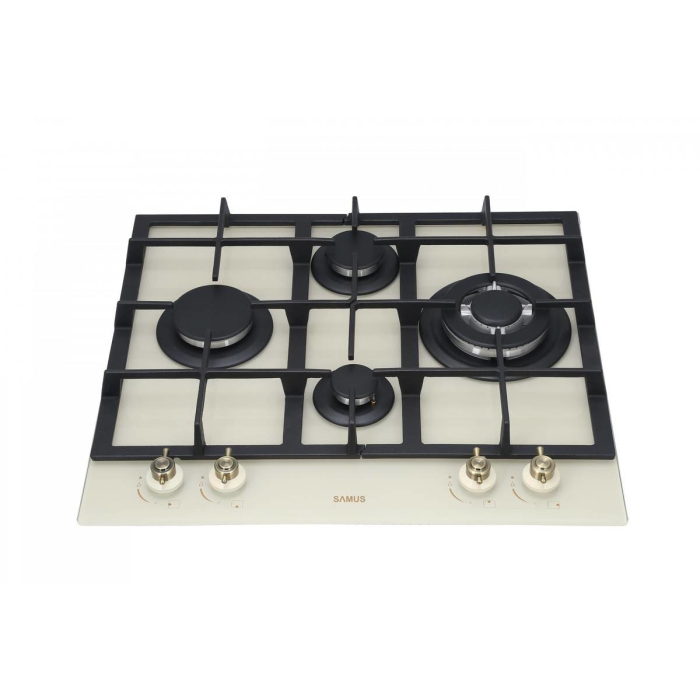 Plita pe gaz incorporabila Samus PSG-64VG1, 4 arzatoare, arzator Wok, putere 8.6 kW, aprindere electrica, dispozitiv siguranta arzatoare, suport sticla, gratar fonta, design rustic, bej [2]
