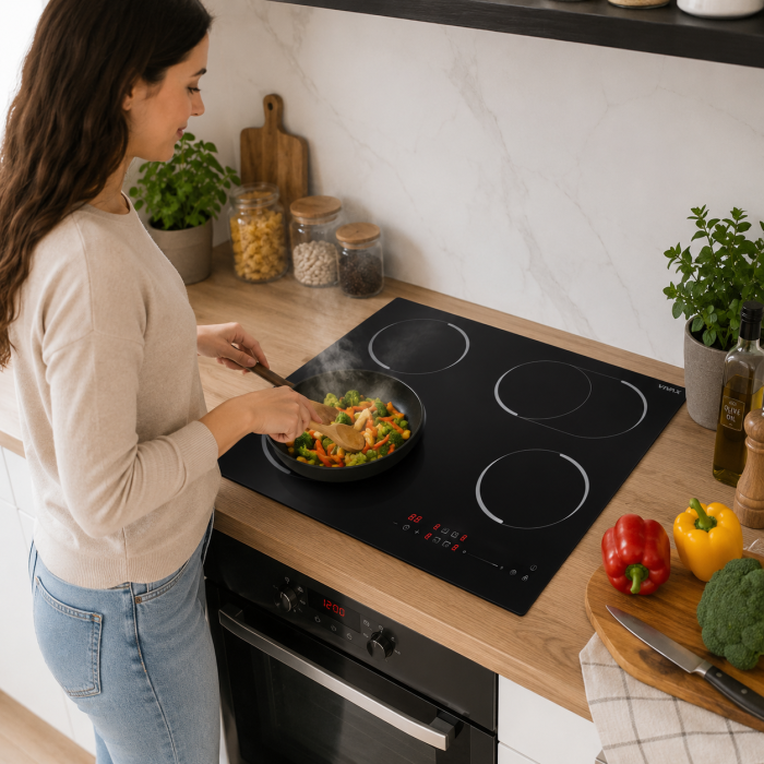 Plită vitroceramică încorporabilă VIVAX BH-04MDOVC, 60 cm, 4 zone de gătit, 2 zone Dual, Touch Control digital, 9 trepte, Timer 99 min cu oprire automată, Child Lock, Indicator căldură, Sticla Neagra [6]
