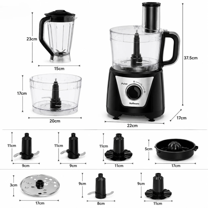 Robot de Bucătărie 8-în-1 Hoffmans HM-1278, 1000W, Blender 1,5L, Multifuncțional pentru Tocare, Feliere și Răzuire, Motor din Cupru, Vas Transparent, Negru [7]