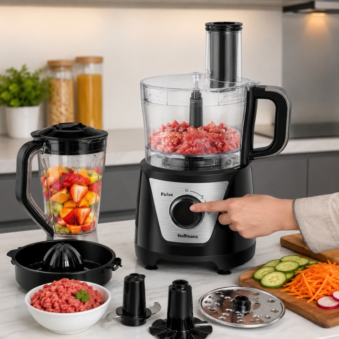 Robot de Bucătărie 8-în-1 Hoffmans HM-1278, 1000W, Blender 1,5L, Multifuncțional pentru Tocare, Feliere și Răzuire, Motor din Cupru, Vas Transparent, Negru [2]