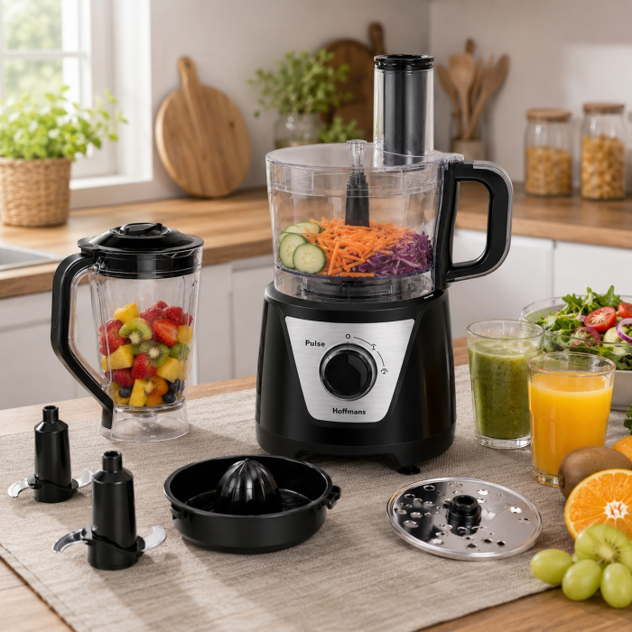 Robot de Bucătărie 8-în-1 Hoffmans HM-1278, 1000W, Blender 1,5L, Multifuncțional pentru Tocare, Feliere și Răzuire, Motor din Cupru, Vas Transparent, Negru [6]