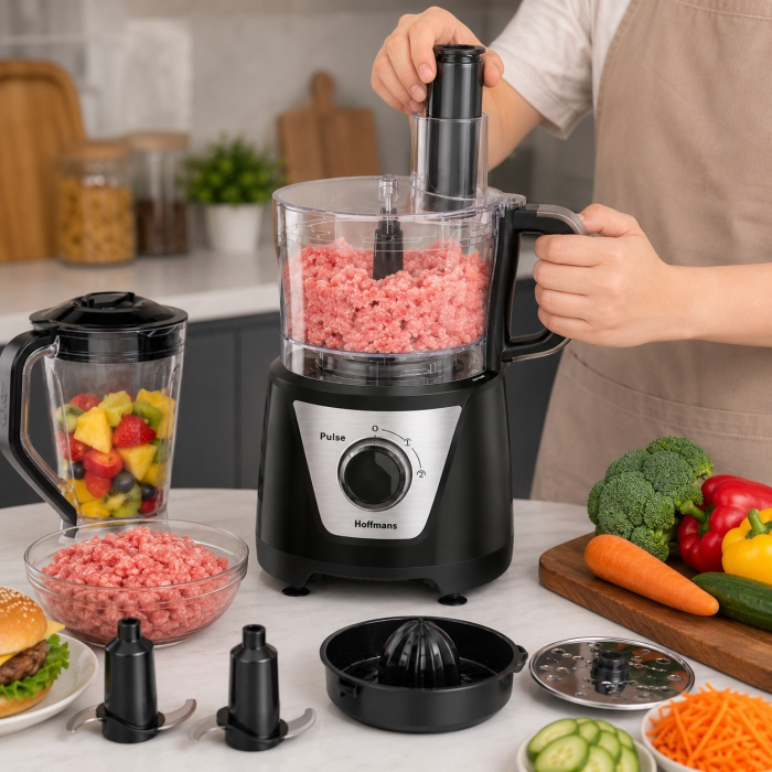 Robot de Bucătărie 8-în-1 Hoffmans HM-1278, 1000W, Blender 1,5L, Multifuncțional pentru Tocare, Feliere și Răzuire, Motor din Cupru, Vas Transparent, Negru [5]