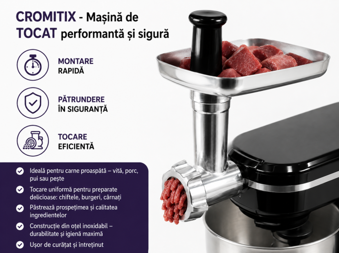 Robot de bucatarie planetar 3in1 CROMITIX® MB3-1500BK, Bol Inox 6L, Motor Cupru 1500W, 6 Trepte de Viteză + Pulse, Frământare și Mixare Profesională, Blender, Masina de tocat, Negru [2]