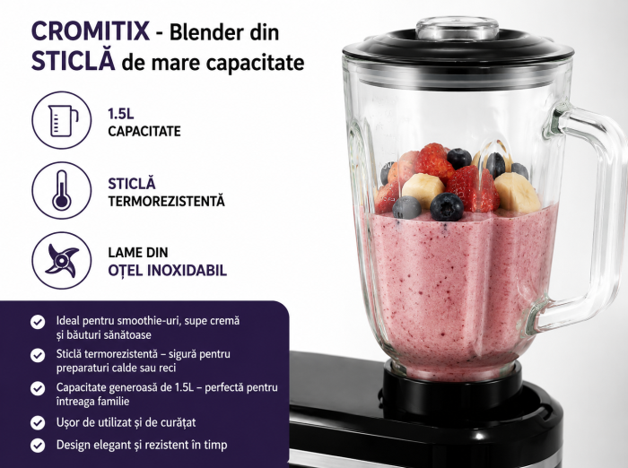 Robot de bucatarie planetar 3in1 CROMITIX® MB3-1500BK, Bol Inox 6L, Motor Cupru 1500W, 6 Trepte de Viteză + Pulse, Frământare și Mixare Profesională, Blender, Masina de tocat, Negru [3]