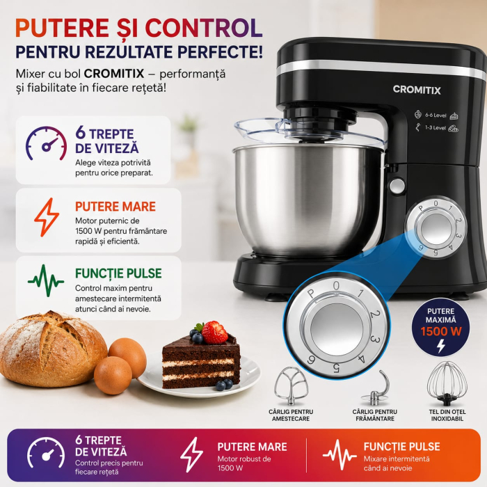 Robot de bucatarie planetar CROMITIX® MB-1500BK, Bol Inox 6L, Motor Cupru 1500W, 6 Trepte de Viteză + Pulse, Frământare și Mixare Profesională, 3 Accesorii Incluse, Protecție Anti-Stropire, Negru [10]