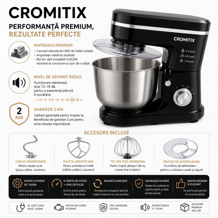 Robot de bucatarie planetar 3in1 CROMITIX® MB3-1500BK, Bol Inox 6L, Motor Cupru 1500W, 6 Trepte de Viteză + Pulse, Frământare și Mixare Profesională, Blender, Masina de tocat, Negru [12]