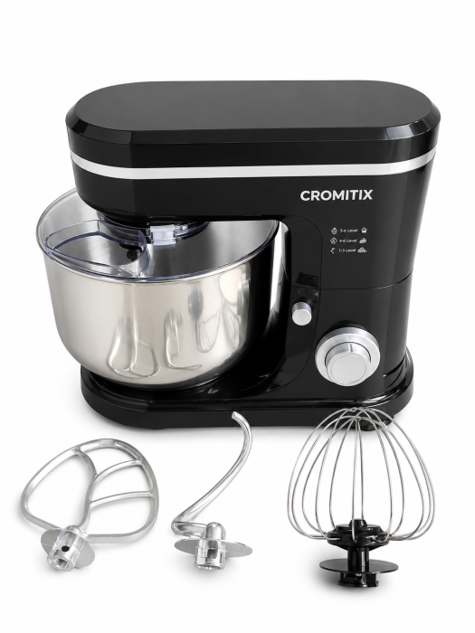 Robot de bucatarie planetar CROMITIX® MB-1500BK, Bol Inox 6L, Motor Cupru 1500W, 6 Trepte de Viteză + Pulse, Frământare și Mixare Profesională, 3 Accesorii Incluse, Protecție Anti-Stropire, Negru [2]