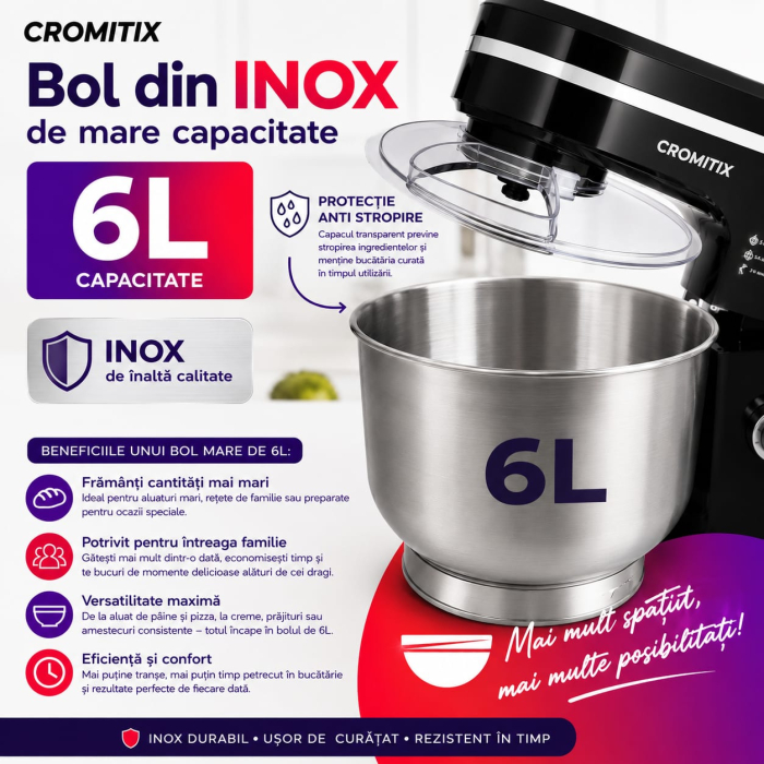 Robot de bucatarie planetar CROMITIX® MB-1500BK, Bol Inox 6L, Motor Cupru 1500W, 6 Trepte de Viteză + Pulse, Frământare și Mixare Profesională, 3 Accesorii Incluse, Protecție Anti-Stropire, Negru [7]