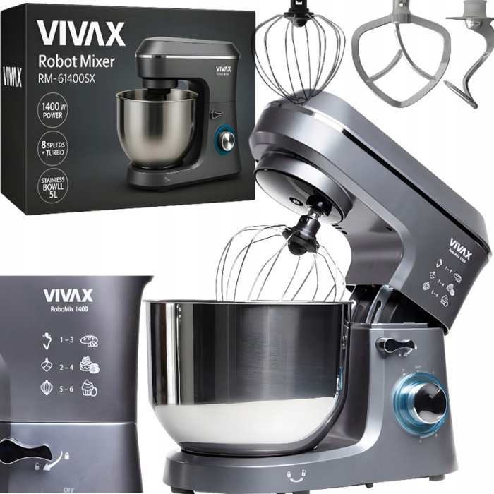 Robot de bucatarie Vivax RM-61400SX, 1400W, capacitate 6L, 6 trepte de viteza, functia Pulse, 3 accesorii detasabile, negru/argintiu [3]