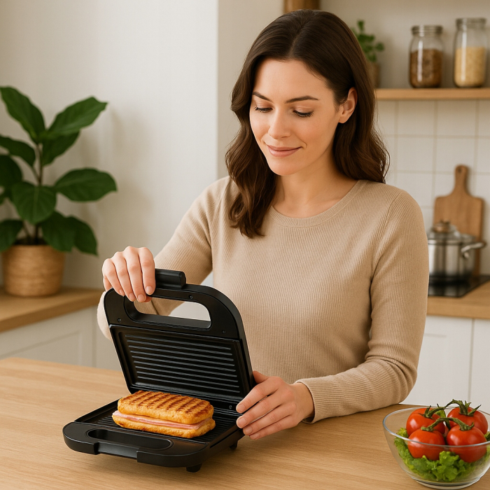 Sandwich maker VIVAX TS-7504 BX, 750W, Placi Antiaderente, Carcasa din Otel Inoxidabil, Maner Rece, Picioare Antialunecare, Protectie Supraincalzire, Indicator Luminos, Negru [7]