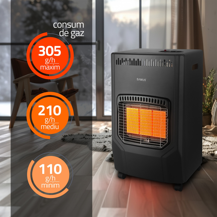 Soba Samus RS423, Trei trepte de putere: 1.5 / 2.8 / 4.2 kW, Butelie de pana la 15 kg, Aprindere piezoelectrica, Comutator anti-rasturnare, Se utilizeaza cu GPL / Butan / Propan, Negru [7]