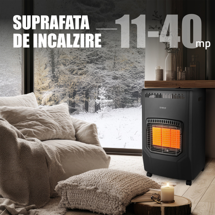 Soba Samus RS423, Trei trepte de putere: 1.5 / 2.8 / 4.2 kW, Butelie de pana la 15 kg, Aprindere piezoelectrica, Comutator anti-rasturnare, Se utilizeaza cu GPL / Butan / Propan, Negru [10]