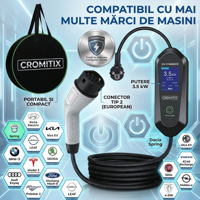 Statie portabila CROMITIX®, Type 2, 3.5 KW, 16A, lungime cablu 5m, putere ajustabila, IP65, Geanta transport inclusa [2]