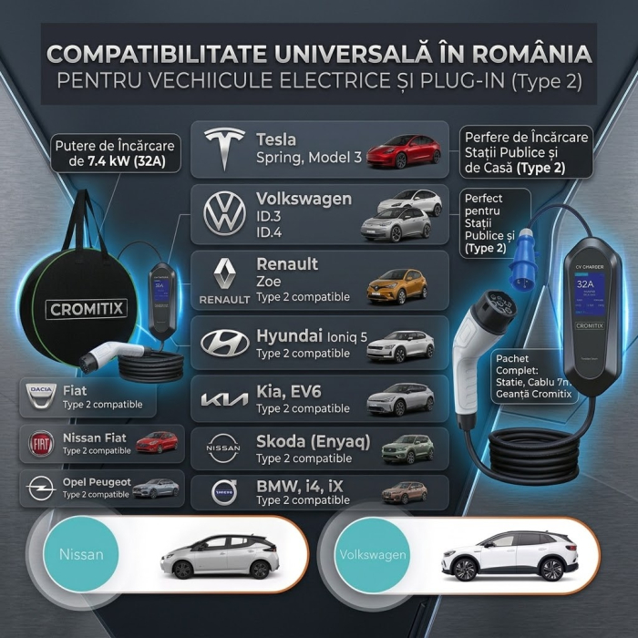 Statie portabila CROMITIX®, Type 2, 7 KW, 32A, lungime cablu 5m, putere ajustabila, IP65, Geanta transport inclusa [2]