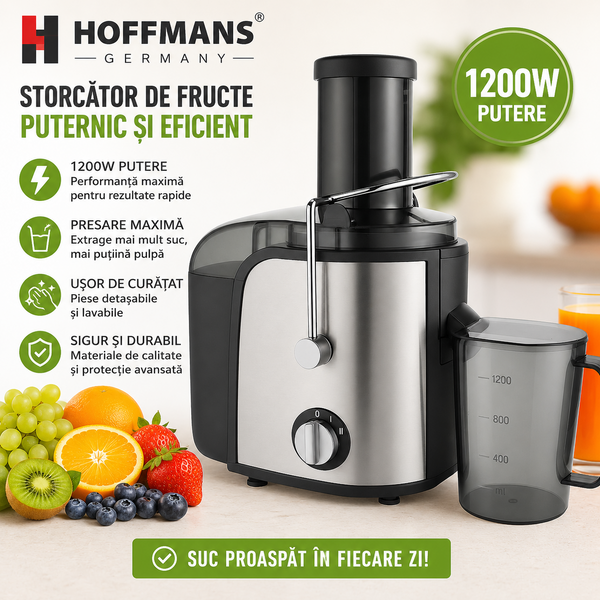 Storcător Electric de Fructe și Legume Hoffmans HM-622, 800W, Recipient Suc 1L și Recipient Pulpă 1,5L, Construcție Plastic și Inox, Negru [2]
