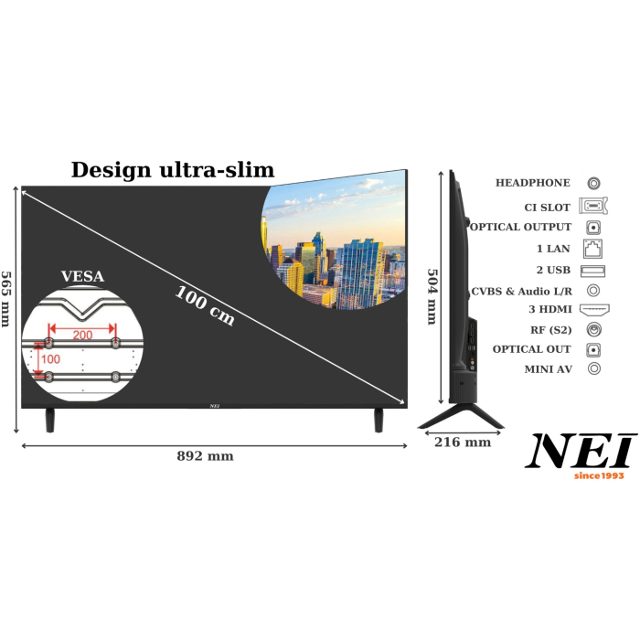 Televizor NEI 40NE5901 Smart LED 40" (100 cm), Full HD, VIDAA OS, Wi-Fi, Dolby Audio, Clasa E, Negru [7]