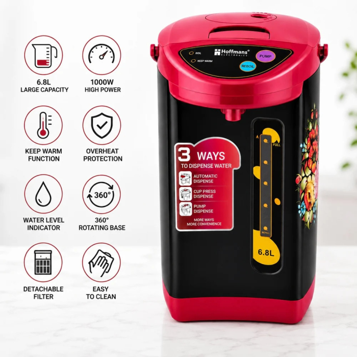 Termopot electric, Dispenser apa fierbinte/fierbator 6.8L Hoffmans HM-2568, 1000W, functie mentinere la cald, Negru/Roz [4]