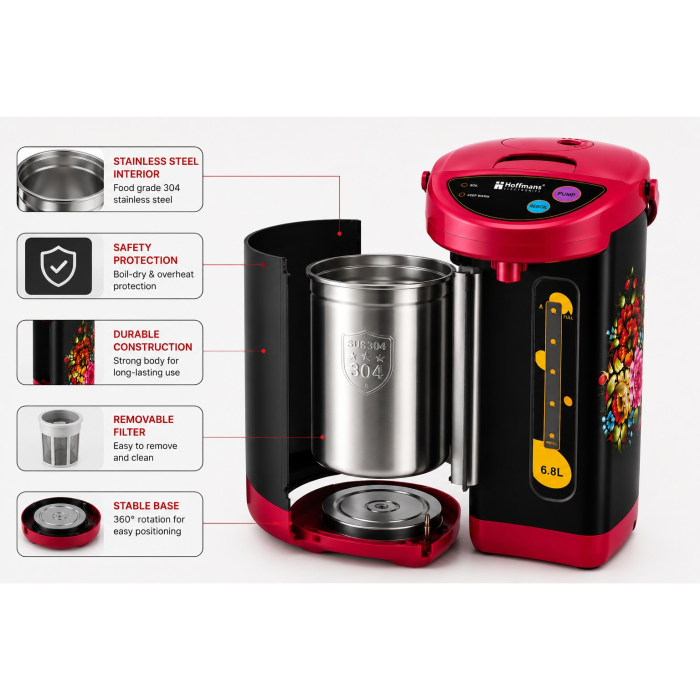 Termopot electric, Dispenser apa fierbinte/fierbator 6.8L Hoffmans HM-2568, 1000W, functie mentinere la cald, Negru/Roz [7]