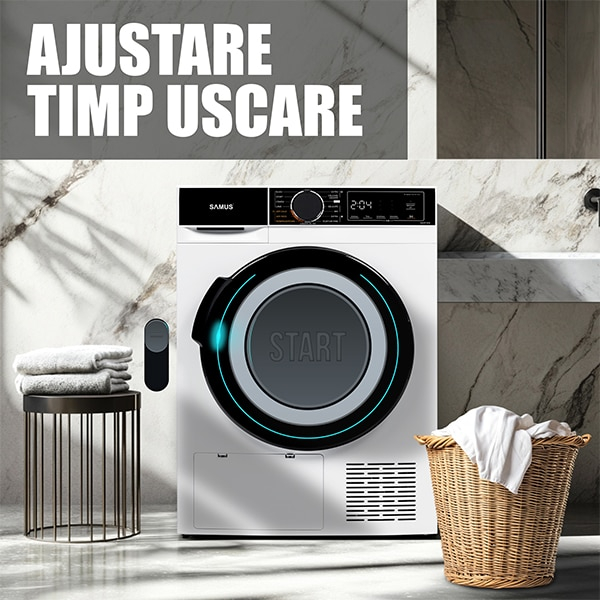 Uscator de rufe Samus SADP-835, 8 kg, Afisaj electronic, 15 programe, Clasa energetica D, Anti-sifonare, Blocare acces copii, Pornire intarziata, Alb [10]